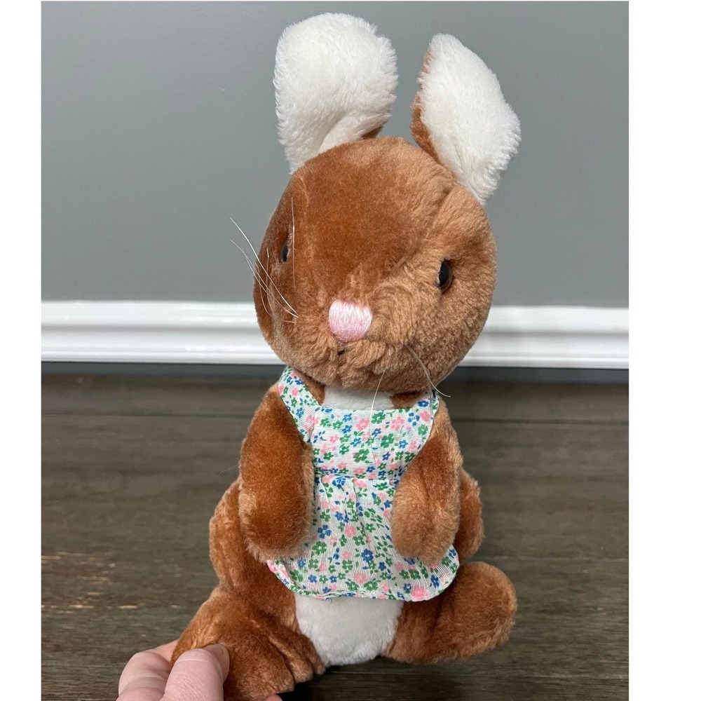 Vintage 1975 R Dakin Plush Bunny Rabbit Brown Floral Apron Stuffed Animal Toy